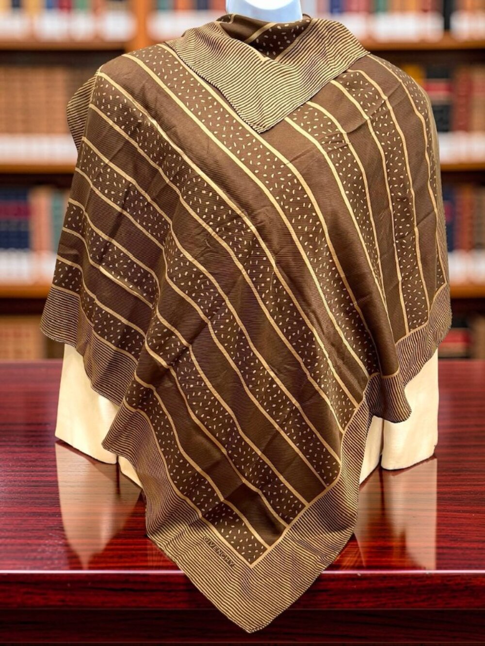 Vintage Givenchy 100% Silk Scarf 34"x34" Brown Beige Gold Striped Striped(38